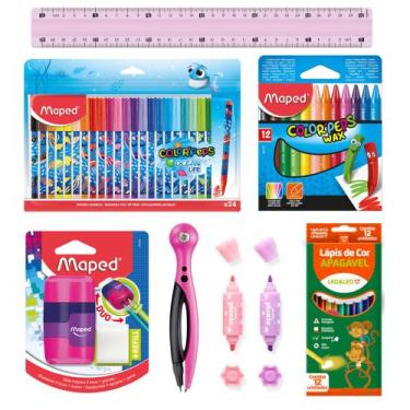 Imagem de Kit Material Escolar Canetinha Giz De Cera Compasso Lapis de cor Apaga