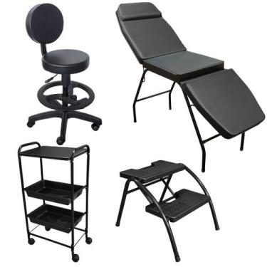 Imagem de Kit Estética Maca 3 posições, Mocho, Escada e Carrinho Preto Consultór