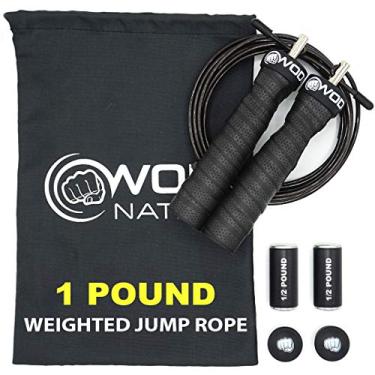 Imagem de WOD Nation Corda de pular pesada para mulheres e homens - Alças ajustáveis pretas e pesos removíveis de 500 g - Corda de salto rápido e cabos de treinamento - Cross Training e Boxe