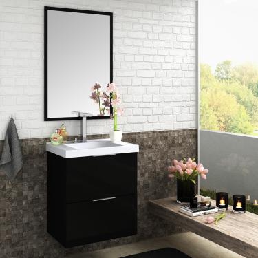 Imagem de Gabinete Para Banheiro 3 Gavetas Com Lavatório e Espelheira Pietra Preto Bosi