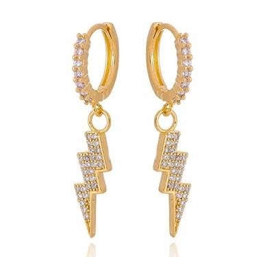 Imagem de Brinco Argolinha com Pingente de Raio com Zircônias Cravejadas Folheado à Ouro 18k - Fada Design