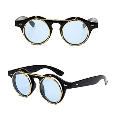 Imagem de Moda Vintage Redondo Vapor Punk Flip Up Óculos de Sol Camada Dupla Design Gótico Óculos de Sol Óculos de Sol,c8 Preto Azul,A