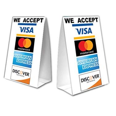 Imagem de Aceitamos barraca de mesa com cartões de crédito com revestimento UV - MasterCard, Visa, Discover, American Express - Pacote com 2