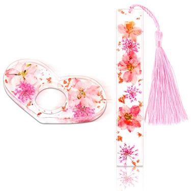 Imagem de Marcadores de página de resina de flor seca e suporte de página de livro marcador floral transparente com borlas feito à mão suporte de página acessórios de leitura personalizados presente para mulheres meninas adultos crianças