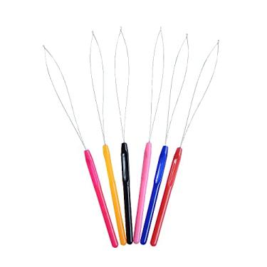 Imagem de 6 peças de plástico para extensão de cabelo, passador de agulha, ferramenta de gancho de puxar, ferramenta micro nano para extensões de cabelo e extensões de penas (multicoloridas)