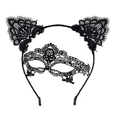 Imagem de Beetoo — Faixa de cabeça feminina sexy com orelhas de gato e renda para cosplay, argola elástica para festa de carnaval, Halloween, Natal, cosplay (pacote com 2 pretas)
