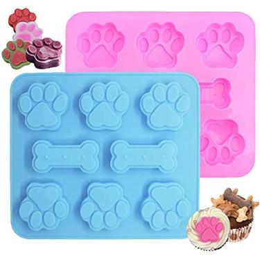 Imagem de Pacote com 2 moldes de silicone para petiscos de filhotes, cortadores de biscoito de pata e osso para filhotes, moldes de cozimento para chocolate, doces, geleia, biscoitos, cubos, petiscos para cães
