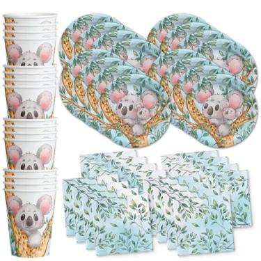 Imagem de Artigos para festa de aniversário da Koala – Chá de bebê de urso coala – Festa de 1º aniversário | Conjunto de talheres inclui pratos, guardanapos e copos | Kit para 16