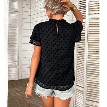 Imagem de Camiseta feminina de malha suíça de verão manga plissada cor pura dupla camada camiseta de festa de poliéster macio L