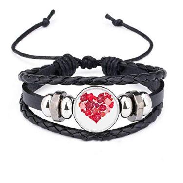 Imagem de DIYthinker Pulseira rosa em formato de coração para Dia dos Namorados Pulseira de couro trançado
