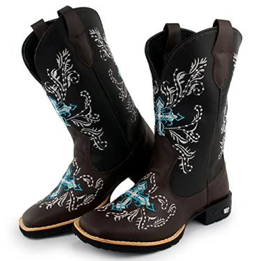 Imagem de Bota Texana Feminina Couro Country Bico Quadrado Café Azul 10000 Tamanho:35;Cor:Marrom;Gênero:Feminino