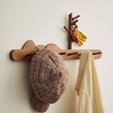Imagem de Cabide de madeira montado na parede ganchos de madeira cabide cabide chapéu rack para pendurar casacos toalhas bolsa roupões, marrom, 80