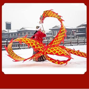 Imagem de 8 Meters (26.2 FT) Square Exercise Dance Dragon Poi with 3D Dragon Head and Swing Rope Combo, Chinese Dragon Dance Wulong Flowy Ribbon Streamer Outdoor Fitness Dragon Stage Prop Set (Golden Red)