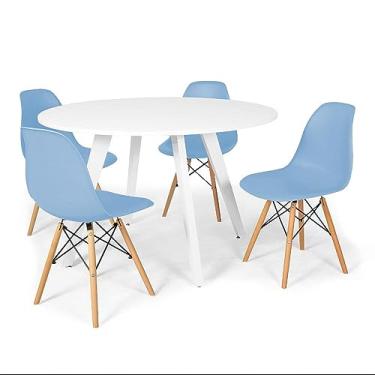 Imagem de Conjunto Mesa de Jantar Redonda Amanda Branca 120cm com 4 Cadeiras Eames Eiffel - Azul Claro