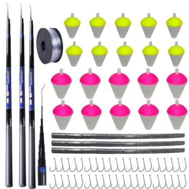 Imagem de Kit 3 Vara de Pesca Telescópica Lisa Gomo Curto em Fibra de Vidro com Capa Protetora de Mão Retrátil Caniço Com Anzol Chumbada Filete Boia Lambari e Linha 0,20mm (Azul, 3,3M)