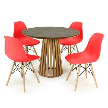 Imagem de Conjunto Mesa de Jantar Redonda Luana Amadeirada Natural 100cm com 4 Cadeiras Eames Eiffel - Vermelho