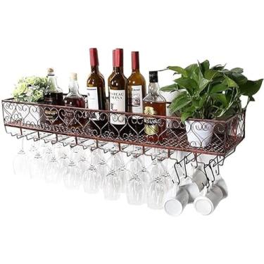 Imagem de Prateleiras de vinho de metal, prateleira de vinho suspensa montada na parede com suporte de vidro e suporte de garrafa Suporte de vinho rústico Rack de taças de champanhe, marrom vintage, 1