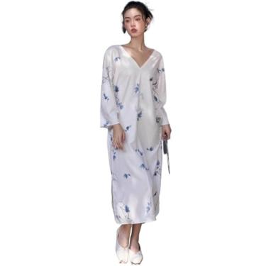 Imagem de Camisa Feminina Floral Print Drop Shoulder Split Hem Dress (Color : White, Size : CH)