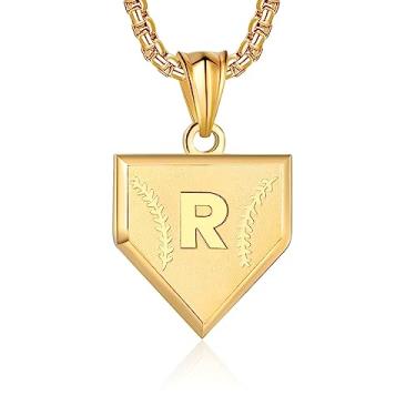 Imagem de Colar com inicial A-Z para meninos, aço inoxidável, com pingente de escudo de letras, corrente de 52 + 5 cm inspiradora de beisebol, joia de presente para homens, Ouro, Sem Pedra Preciosa