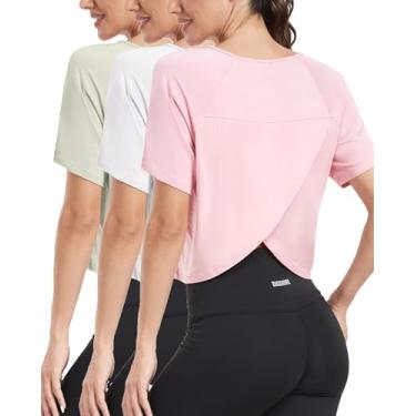 Imagem de Donnalla Pacote com 3 camisetas femininas de ginástica, folgadas, básicas, de manga curta, costas divididas, ioga, corrida, academia, atlética, Verde claro, branco, rosa, M