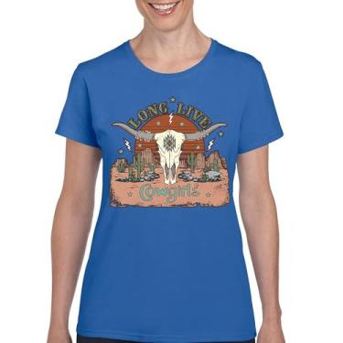 Imagem de Camiseta feminina Long Live Cowgirl Vintage Country Girl Western Rodeo Ranch Blessed and Lucky American Southwest, Azul, GG