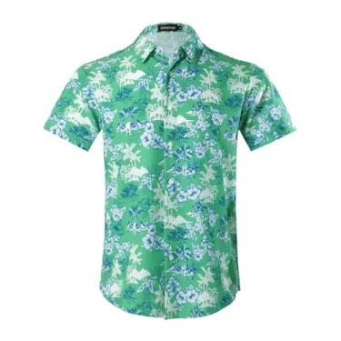 Imagem de Camisa masculina havaiana manga curta 4 vias stretch casual botão para baixo tropical floral verão praia camisa estampada, Verde, azul, XXG