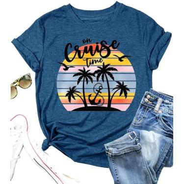 Imagem de Camisetas femininas On Cruise Time com estampa de palmeiras e praia, verão, festa na praia, férias, camiseta de manga curta, Azul - 01, P