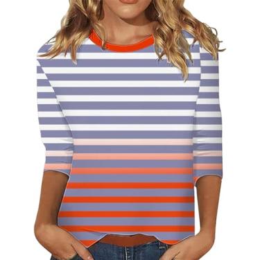 Imagem de Camisetas femininas listradas colorblock manga 3/4 comprimento gola redonda blusas casuais moda verão 2024 moda túnica elegante, X4 - rosa, M