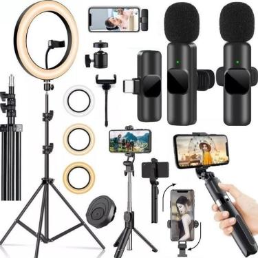Imagem de Kit youtuber tripé gravação de vídeo luz anel led ring light + microfone sem fio para android filmagem no celular selfie