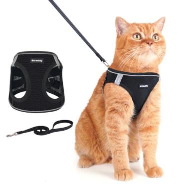 Imagem de Rttochfy Conjunto de arnês e coleira para gatos, colete à prova de escape, colete macio e respirável com faixa refletiva, fácil de usar para gatos caminhando e viajando (preto, P)