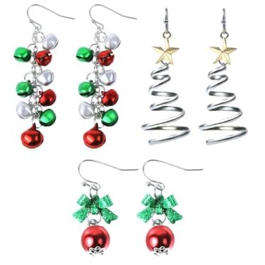 Imagem de Conjunto de brincos de Natal, fita, laço, árvore de Natal, brincos de argola, brincos de sininho, prata, vermelho, verde, amarelo, brincos temáticos de Natal, joias femininas, Zinco, Sem pedra