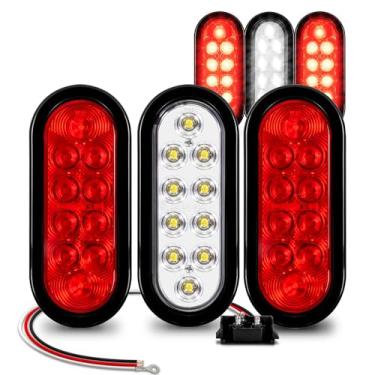 Imagem de 4 Vermelho + 2 Branco 15 cm Oval LED Trailer Tail Light Kit [Certificado DOT] [Ilhós e plugues incluídos] [IP67 À prova d'água] Parar freio Vire as luzes de reboque para RV caminhão Jeep
