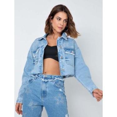 Imagem de JAQUETA JEANS TRUCKER CROPPED COM DETALHE EM BRILHO-Feminino