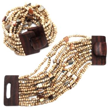 Imagem de Pulseira Bali com contas de osso antigo com fecho de fivela de madeira dura - 14 fios elásticos - 5 cm de largura com conchas de esfregão em caixa de presente, 8 inches, Vidro, Sem pedras preciosas