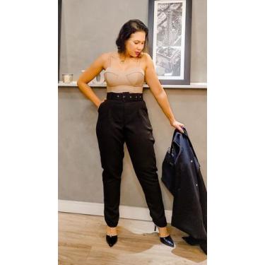 Imagem de Calça Alfaiataria Feminina Social Preta Cinto Incluso Bolso Cos Alto M
