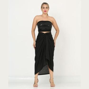 Imagem de Saia Midi Transpassada  Allana - Stampalook, Preto, P