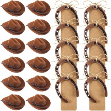 Imagem de Hercicy 24 Pcs Western Party Decorations 12 Mini Western Cowboy Cowgirl Hat 12 Good Lucky Horseshoes with Kraft Tag Cute Rodeo Supplies for Vintage Wedding Birthday Favors