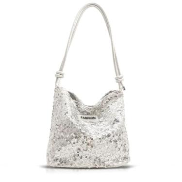 Imagem de Bolsa feminina com lantejoulas, alça de ombro ajustável, bolsa transversal para casamento, formatura, festas, viagens (branca), Branco, One Size