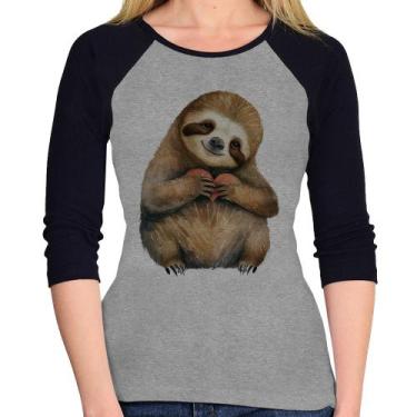 Imagem de Baby Look Raglan Bicho Preguiça Coração Manga 3/4 - Foca na Moda, Cinz