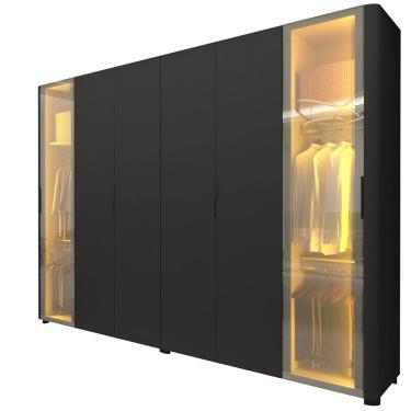 Imagem de Guarda Roupa de Casal Gelius Innova com  250 cm de Largura 6 portas com 2 portas de vidro reflecta 4 gavetas com pés e LED Preto Acetinado