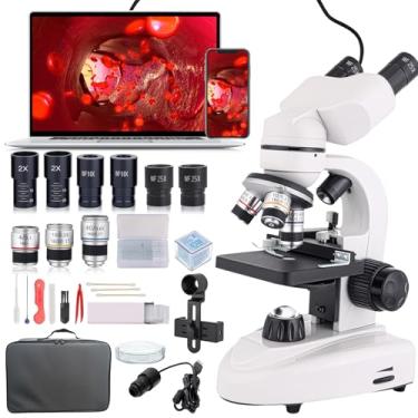 Imagem de Microscópio composto binocular 40X-2000X, microscópio profissional de nível de pesquisa com estágios mecânicos duplos e botões coaxiais de foco grosso/fino, oculares eletrônicos embutidos, microscópio