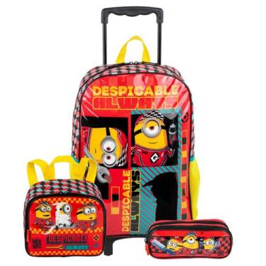 Imagem de Kit Mochila Rodinha Minions Estojo Duplo e Lancheira Escolar, Vermelho