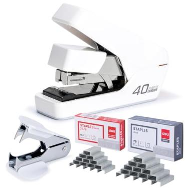 Imagem de Grampeador de mesa sem esforço, grampeador resistente, capacidade de 40 a 50 folhas, um dedo, sem esforço, inclui grampos e removedor de grampo, branco