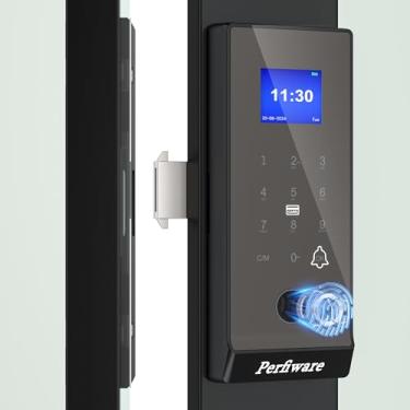 Imagem de Perfiware Fechadura de porta de vidro deslizante, LG2375, fechaduras deslizantes para porta de madeira de vidro, teclado biométrico com impressão digital, controle remoto, cartão IC, fechadura de