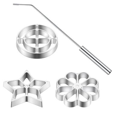 Imagem de Shihanee Conjunto de 4 moldes Bunuelos com alça de ferro roseta de alumínio para waffle Achappam com 3 cabeças intercambiáveis, ferramenta de corte de biscoito Timbale para cozinhar carimbos e