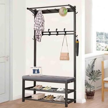 Imagem de 4 em 1 hall de entrada, prateleira de armazenamento de árvore, revestimento de metal, multifuncional, bolsa macia, suporte de sapato, sapateira, sapateira, sapateira com banco de sapatos