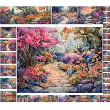 Imagem de Pacote de papel de decoupage (35 folhas 15 x 20 cm) Caminhos de jardim: caminhos de pedra sinuosa cercados por flores exuberantes, árvores desabrochando e chalés pacíficos em paisagens vibrantes e
