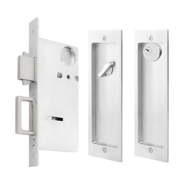 Imagem de Fechadura de privacidade para porta de bolso com chaves, ferragens retangulares modernas, puxadores nivelados com borda para portas de bolso, portas deslizantes, portas dobráveis, etc. (prata, com