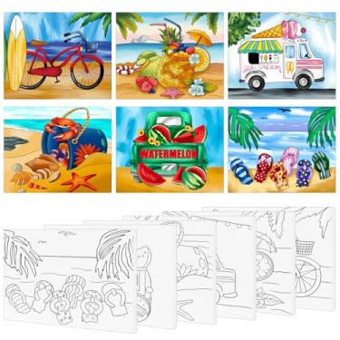 Imagem de COCHIE Pacote com 6 telas pré-desenhadas de verão de 20 x 25 cm para pintar, tela pré-impressa de praia para mulheres que bebam e pintem lembrancinhas de festa, tela pré-esboçada para pintura para