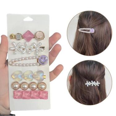 Imagem de Kit 6 Presilhas Bico De Pato Luxo Modelo Pérolas Flor Carinha - Grampo